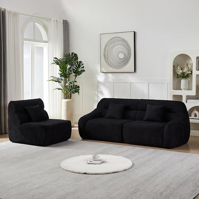 123 L-Shaped Corner Sectional Sofa with Curved Edge Modern Chenille Modular Cloud Couch High Back Oversized 4-Seater with 4 Pillows No Assembly Required Black