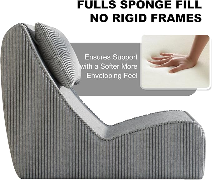 Giant Bean Bag Chair for AdultsCorduroy Chaise Lounge with Unrivaled Back Support Detachable Neck Pillow Comfortable Ottoman &amp Washable Cover for Living Room Bedroom Garden (Grey)