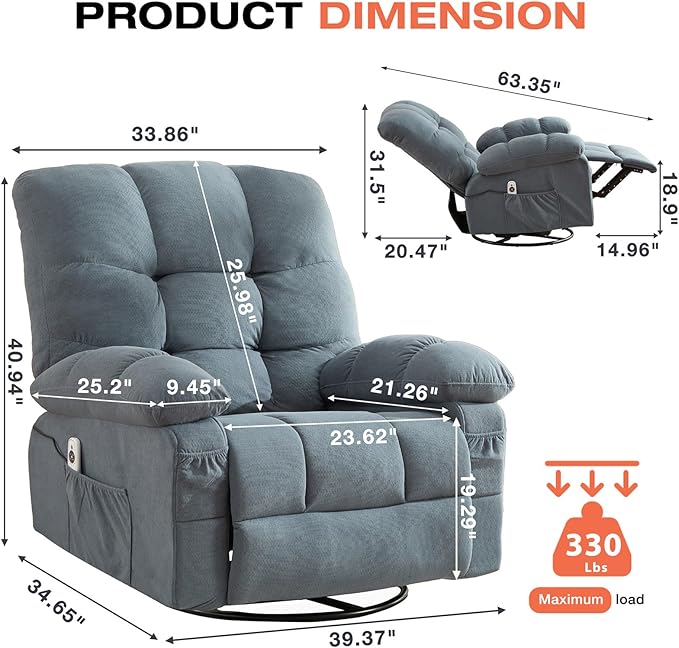 Massage Recliner Chair with Vibration Massage and Heat Recliner Lounge Chair for Living Room with Cup Holder and Side Pocket Recliner Chair for Adults (Blue)
