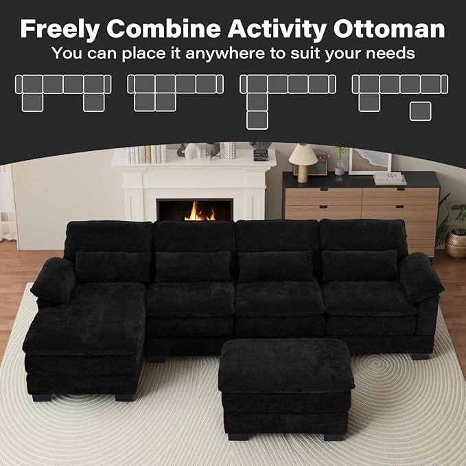 OUYESSIR 114 U Shape Sectional Cloud Couch with OttomanFluffy Sectional Couches for Living Room4 Seater Modular Sectionals SofaComfy Cloud Sofas &amp Couches with 4 PillowsLight Black