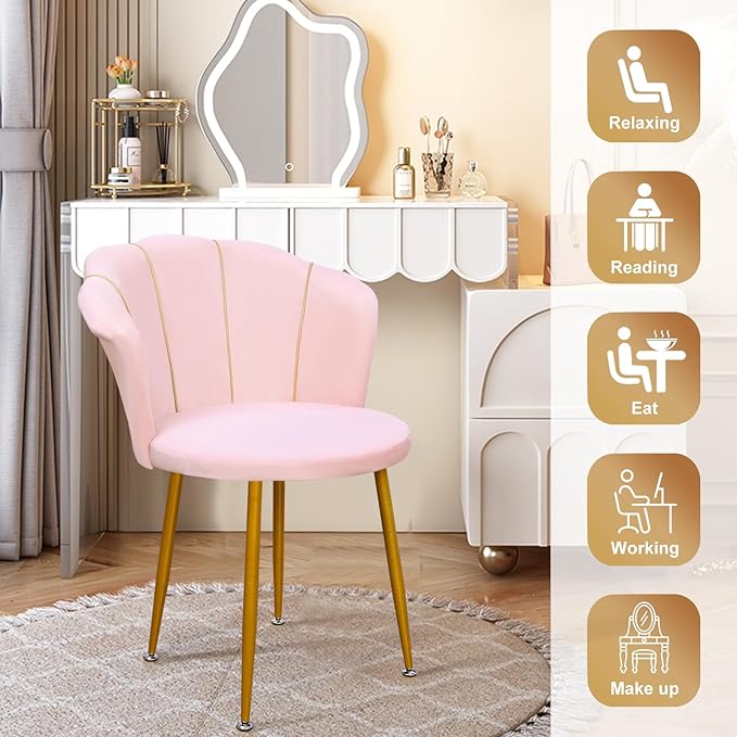 Mid-Century Modern Accent Chair Velvet Upholstered with Golden Legs - Versatile Dining Living Room Bedroom Study &amp Waiting Room Chair with Back Support Elegant Vanity Chair Pink