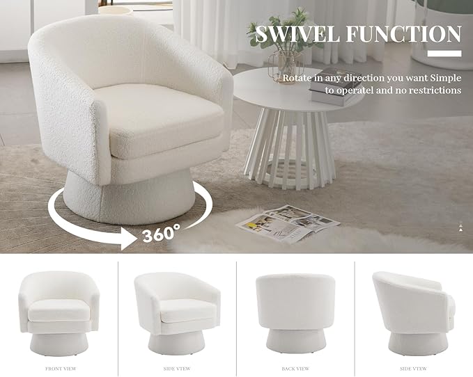 Modern White Swivel Accent Chair Set of 2 Upholstered Sherpa Barrel Chair Boucle Vanity Reading Chair Cozy Round Single Sofa Arm Chair Club Side Chairs for Bedroom/Waiting/Living Room