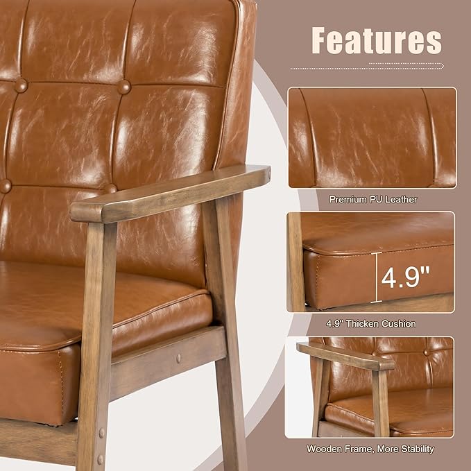 Okeysen Accent Chairs Set of 2 with Side Table Mid Century Modern Accent Chair Retro Wood and Leather Armchairs Side Chair Lounge Reading Comfy Armchair for Living Room Bedroom Office（Brown