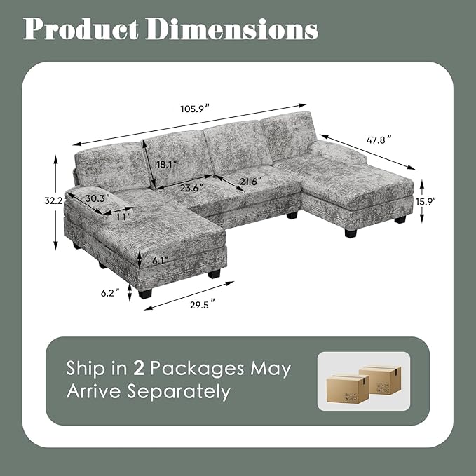 Furniwell Convertible Sectional Sofa Couch 4 Seat Sofa Set for Living Room U-Shaped Modern Fabric Modular Sofa Sleeper with Double Chaise &amp Memory Foam (Fabric Grey)