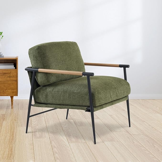 Accent Chair Mid Century Modern Armchair for Living RoomBedroomOfficeLounge Comfy Chenille Upholstered Soft Removable Washable Cushions and PillowsMetal Wood-Grain Armrest LegsGreen