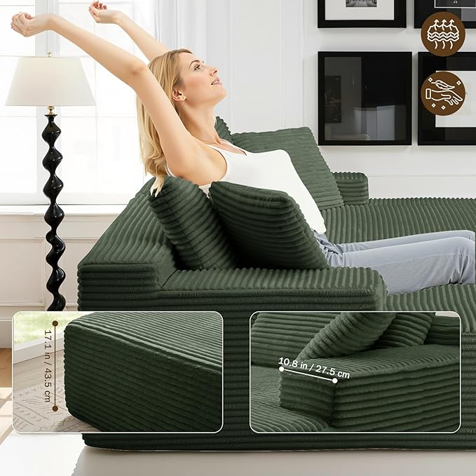 89.3” Oversized Double Chaise Lounge Indoor Green Corduroy Chaise Lounge Chair Upholstered Sleeper Sofa Bed Deep Seat Sleeper Loveseat Reading Chairs Boneless Cloud Couch for Living Room Bedroom