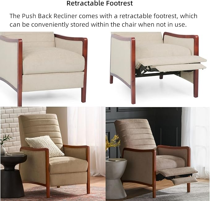 Merax Push Back Recliner Chair with Footrest Reading Lounge Accent Lazy Sofa Seating for Living Room Bedroom Dorm Mid-Century Modern Style Dorm Beige