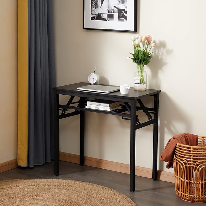 Foldable Laptop Computer Desk Writing Desk Folding Table for Home and Office Modern Style with Storage for Eating Camping and Small Spaces No Assembly Required 2 Tiers Black (31×16)