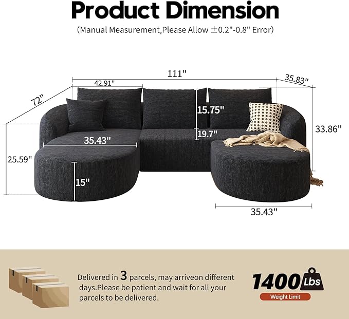 111 U Shaped Modern Modular Sectional Curved Sofa with Ottoman Minimalist Style Comfy Cloud Couch for Living Room Apartment No Assembly Required Boneless Couches (BlackLeft Facing Chaise)