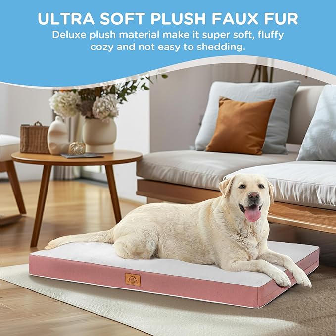 Orthopedic Dog Bed for Extra Large Dogs Jumbo Waterproof Deluxe Plush Dog Crate Bed with Removable Washable Cover &amp Anti-Slip Bottom Egg Crate Foam Pet Bed Mat 47.5 x 29 Inches Pink