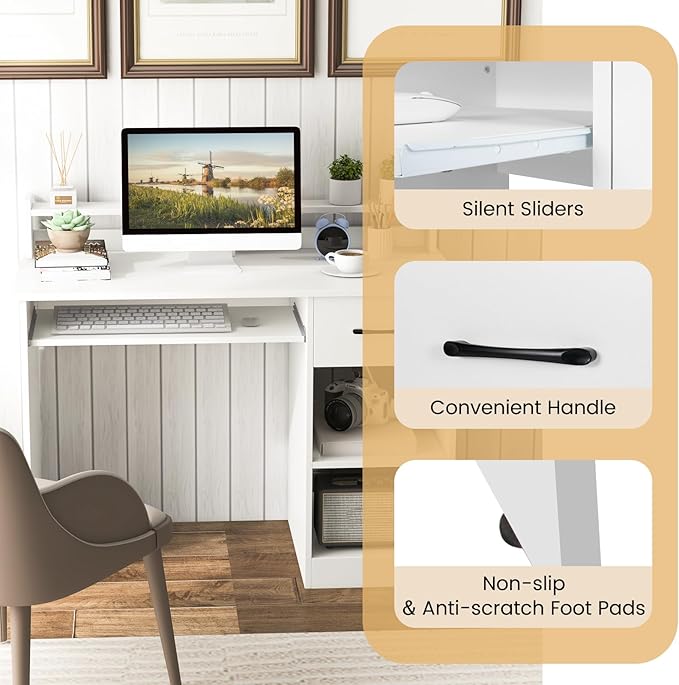GOFLAME White Computer Desk Home Office Desk with Large Drawers Hutch Keyboard Tray 5-Position Adjustable Open Shelves Easy Assembly Writing Desk for Bedroom Small Space Living Room White