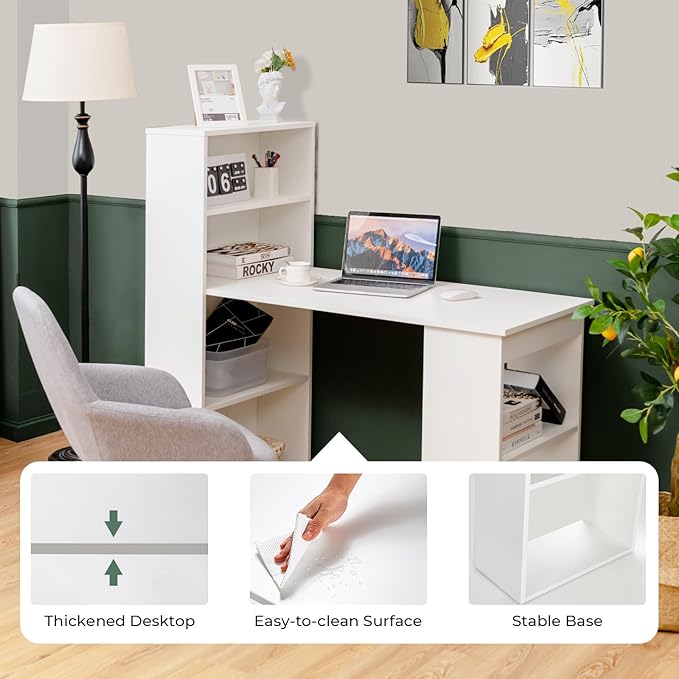 Giantex 48 Inch Computer Desk with Bookshelf 3-in-1 Home Office Desk with 4-Tier Bookcase &amp CPU Stand Space-Saving Reversible Writing Desk Work Table for Bedroom Study Room Office (White)