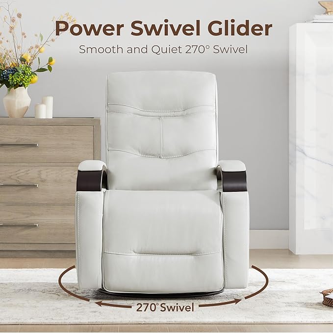 CHITA Genuine Leather Power Swivel Glider Rocker Recliner FSC Certified Mid Century Modern Recliner Chair for Adults Adjustable Power Headrest for Nursery and Living Room Creamy Grey