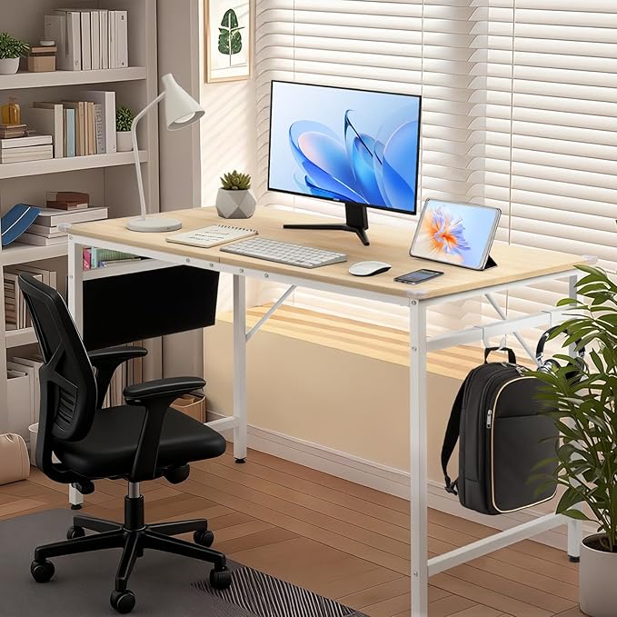 VINGLI 47 Inch Computer Office Modern Simple Gaming Desk with Side Fabric Drawer &amp Hook Up Wear-Resistant Surface Writing Desk Work Desk for Bedroom Living Room Oak