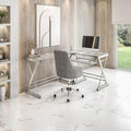 L-Shaped Writing Desk Computer Desk with Clear Tempered Glass Top Reversible Corner Design Pull-Out Keyboard Tray Scratch-Resistant Steel Frame for Home Office or Study