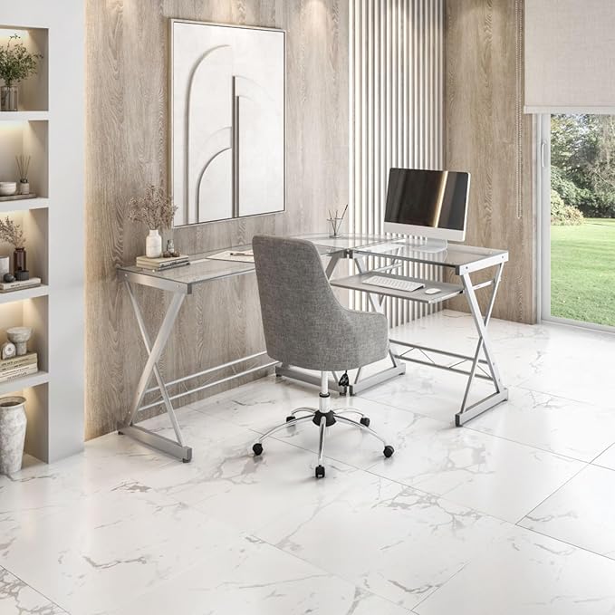 L-Shaped Writing Desk Computer Desk with Clear Tempered Glass Top Reversible Corner Design Pull-Out Keyboard Tray Scratch-Resistant Steel Frame for Home Office or Study