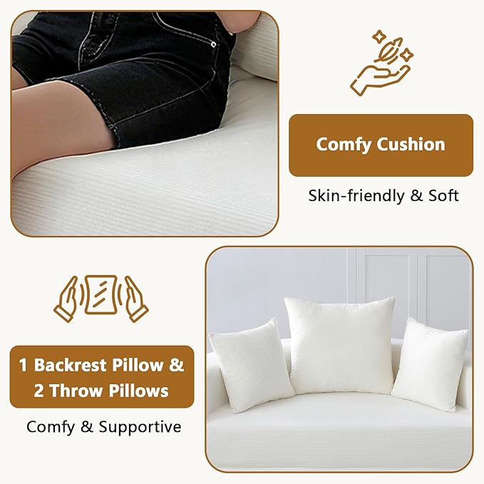 67'' Circular Convertible Compressed Sofa Bed White Corduroy Floor Lounge Round Boneless Couch Loveseat Sleeper Sofa Couch with 3 Cushions No Assembly for Apartment Bedroom