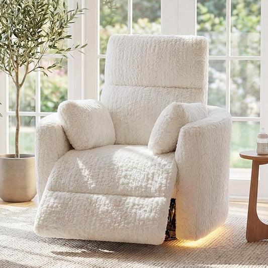 Power Swivel Rocker Recliner for Adults Large Glider Rocking Chair w/ 2 Pillows USB and Type-C Ports Night Light Fluffy Plush Nursery Chair for Living Room BedroomNursery Beige