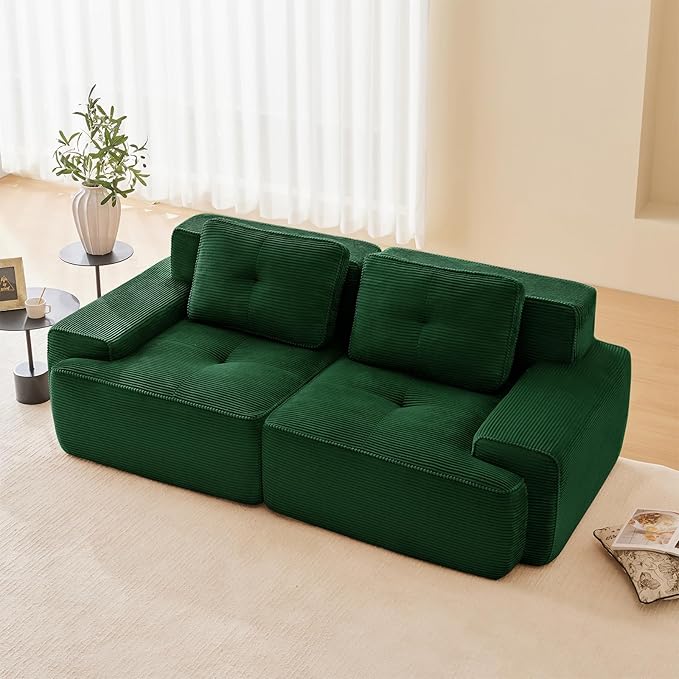 82 Modern Compressed Boneless Love Seat Couches 2 Seater Large Sectional Couches for Living Room Green Corduroy Cloud Modular Sectional Sofa Memory Foam Extra Deep Loveseat No Assembly