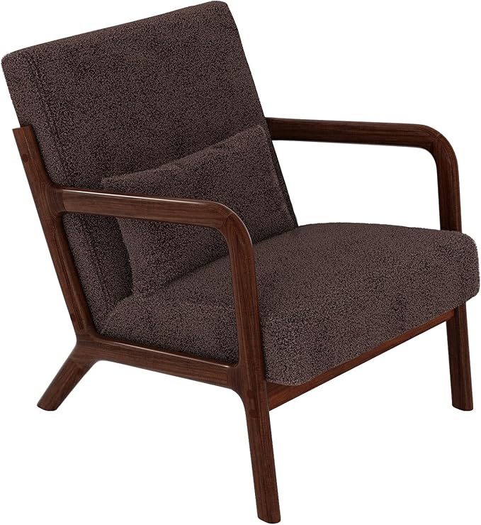 GarveeHome Mid-Century Accent Chair Cozy Sherpa Reading and Lounge Armchair with Lumbar Pillow Modern Wood Frame for Living Room Bedroom Office Brown