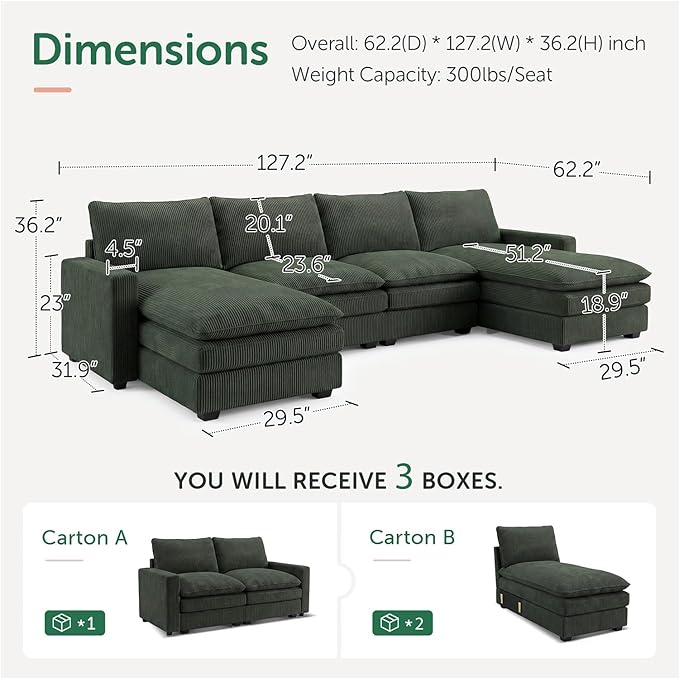 HONBAY 127.2 Inch Corduroy Cloud Modular Sectional Sofa with Chaise Deep Seat U-Shaped Couch with Storage for Living Room Apartment Small SpaceGreen