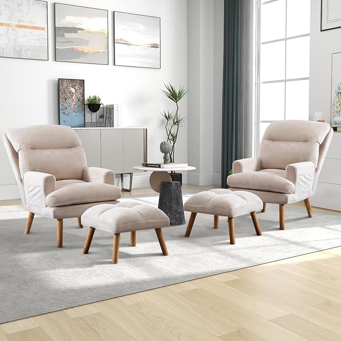 CANMOV Modern Accent Chair with Ottoman Set of 2 Soft Fabric Armchair with Adjustable Backrest and Side Pockets Comfy Lounge Chair for Living Room Bedroom Apartment Office Beige