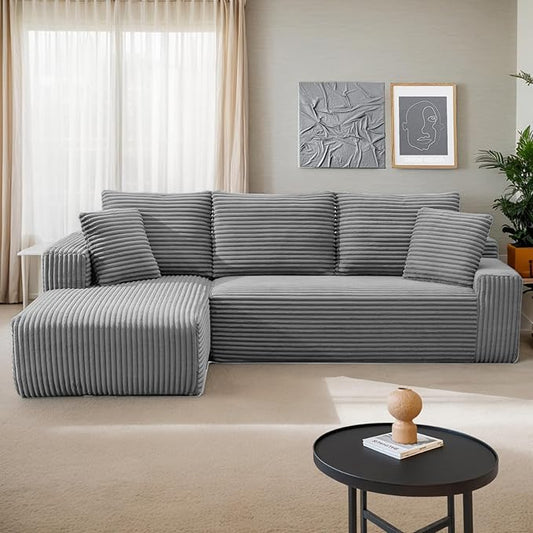 MEISIMAN 106'' Boneless Couch Cloud Couch - L Shaped Couch with Chaise Plush Corduroy Couch &amp Memory Foam Couch Modular Sectional Sofa Grey Couch for Living Room (Left Facing Chaise)