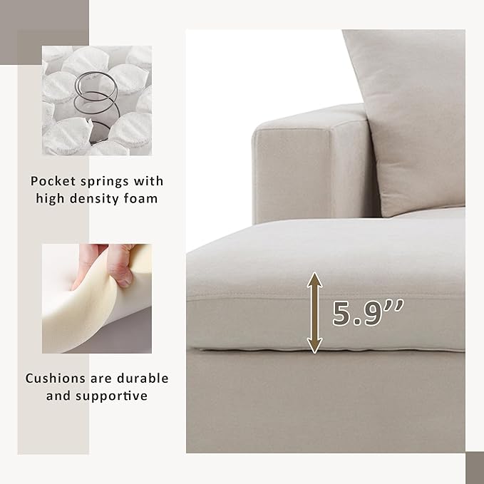 100.4 Modern Sectional Sofa with Ottoman - 3-Seat L-Shape Sofa Upholstered Fabric Couch Set for Living Room Apartment Office - Beige