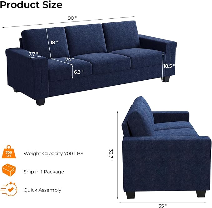 3 Seater Sofa Couch with Deep Seat 90 Modern Upholstered Sofa with Armrests Easy Installation Comfy Couches for Living Room Apartment Blue