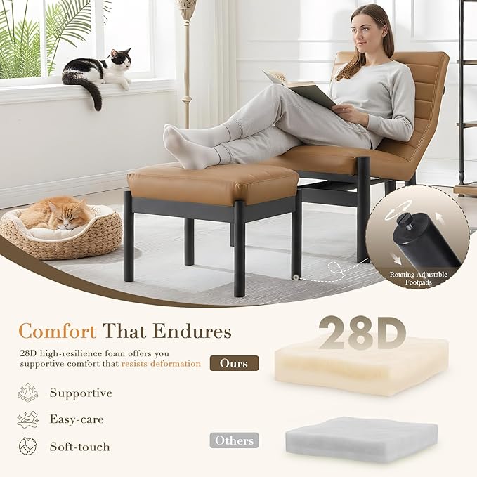 CIMOTA Upholstered PU Leather Accent Chair and Ottoman Set Modern Living Room Chair with Reclining Backrest and Footstool Small Reading Chairs for Living Room Bedroom Brown