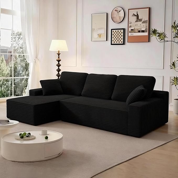 105 Cloud Modular Boneless Couch Left Facing L-Shaped Chaise Sectional Sofa - No Assembly Required Plush Corduroy &amp Memory Foam for Living Room Bedroom Apartment (Black)
