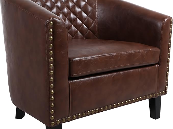 Accent Barrel Chair Living Room Chair with Nailheads and Solid Wood Legs Brown PU Leather
