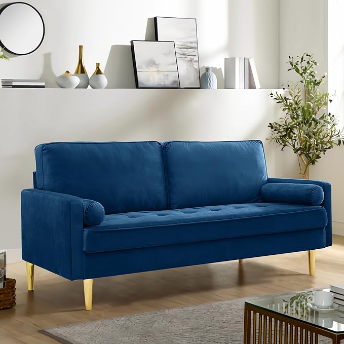 SZLIZCCC 67 LoveSeat Sofa Love Seat Couch Mid Century Modern Couchs Velvet Fabric Pull Dot Design Sofas with Two Round Pillows for Small Spaces Living Room Dorm Bedroom Apartment (67 Navy)