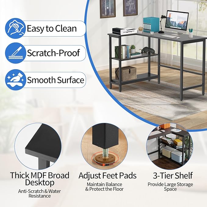 43Inch Corner Computer Desk Gaming Desk with Reversible Storage Shelves Left/RightSmall L Shaped Desk with 2-Tier Shelves &amp Adjustable Feet Pad for Home Office Gaming (39 Inch)