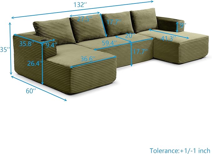 132” Oversized Modular Sectional Sofa Modern Comfy Corduroy U Shaped Couch with Cup Holders Boneless Compressed Memory Foam Cloud Couch for Living Room Office No Assembly Requiredm Green