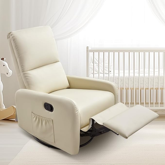 Jocisland Swivel Glider Rocking Recliner Chair for Adults Nursery Rocker Reclining Comfy Upholstered Single Sofa Armchair for Living Room Bedroom Nursing Leather Cream
