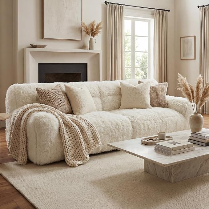 White Compressed Couch 70 2-Seater Fluffy Faux Fur Boneless Loveseat Sofa with Memory Foam for Living Rooms Bedrooms Apartments No Assembly Required | Plush faux fur Memory foam comfort Zero as