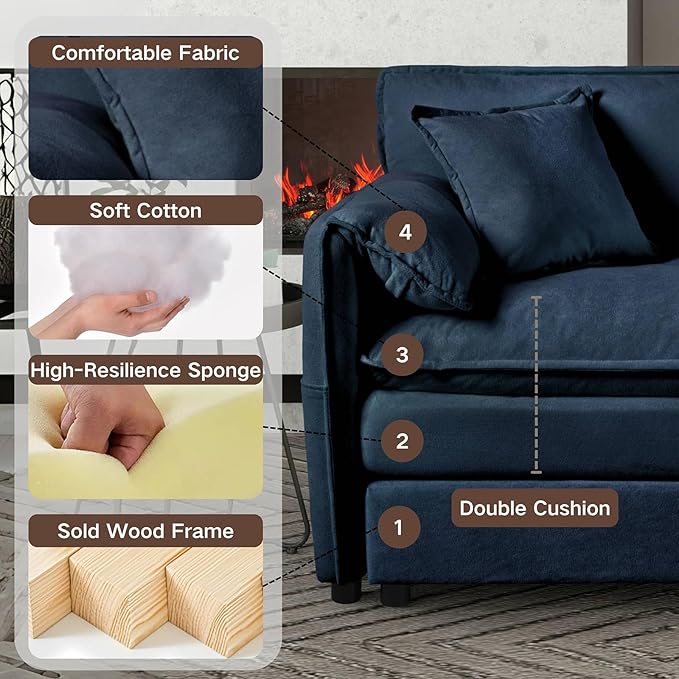 Cilee Oversized Loveseat Sofa 75.59 Cloud Couch with 2 Ottoman 2-Seater Deep Seat Couch with Pillow &amp Storage Pocket Love Seat Furniture for Living Room Bedroom Office Apartment Chenille Blu