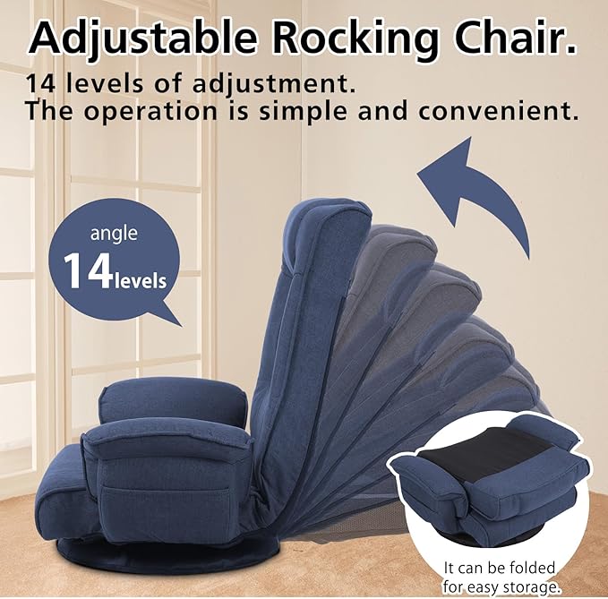 FLOGUOR 360 Degree Swivle Adjustable Floor Chair Chaise Lounge Indoor Folding Lazy Sofa with Armrests and Side Pocket Adults Gaming Chairs for Living Room Bedroom Factory Price 201 (BL)