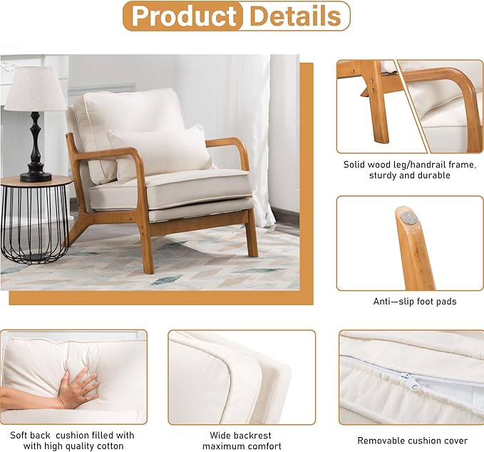 Accent Chair with Cushion Mid-Century Modern Upholstered Single Reading Armchair with Linen Fabric + Solid Wood Frame for Living Room Bedroom Lounge Balcony (Beige)