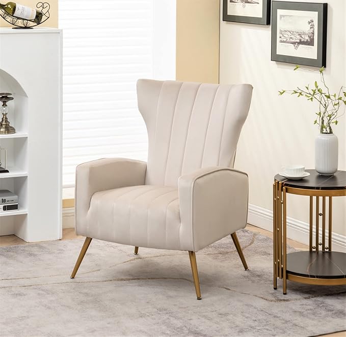 Modern Velvet Accent Chair Channel Tufted Bedroom Office or Living Room Furniture with Elegant Metal Legs 26 Wide Armchair Beige
