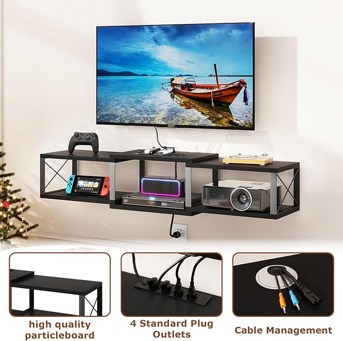 IBUYKE Floating TV Stand with Power OutletWall-Mounted Floating Stand for TVs up to 55Metal Wall Entertainment CenterWall Mounted TV Shelf with Storage for Living Room BedroomBlack UWST011B