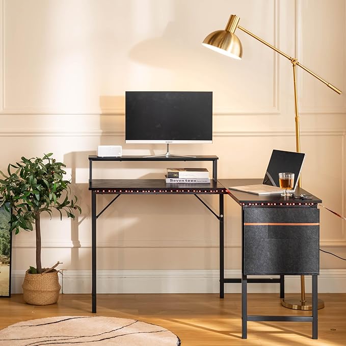 Homy Casa 48.8-Inch L-Shaped Computer Desk with Storage Bag and Desktop Rack – Durable Metal Frame Ample Storage Ideal for Home Office or Studio Use (Black)