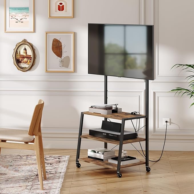 HOOBRO Rolling TV Stand with Mount and Power Outlet Up to 55 inch TV Corner Entertainment Center Small TV Stand with 3-Tier Storage Shelves for Living Room Bedroom Rustic Brown and Black BF66UDS01