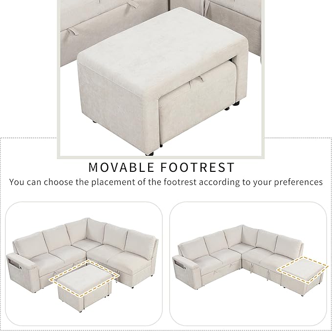Convertible Sleeper Sectional Sofa with Pull-Out Bed and Storage Space &amp Ottoman Armrest w/USB Ports &amp Cup Holders Corner 6 Person L-Shape Modular Couch for Living Room Apartment (Beige)