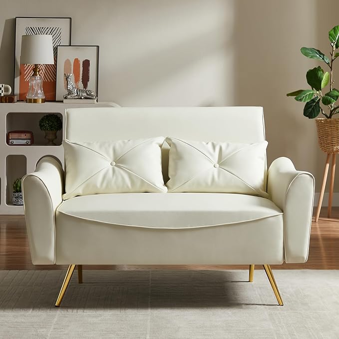 Brelice 48 Faux Leather Loveseat Sofa Modern Small Couch for Small Space with 2 Pillows 2 Seater Couch for Living Room Bedroom Office Apartment (Beige)
