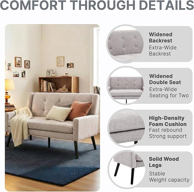 Mid-Century 47 Small Loveseat Sofa Plush Linen Fabric with Button Tufted High Back and Solid Wood Legs for Apartment Living Room Bedroom Home Office (Light Grey 2-Seater)
