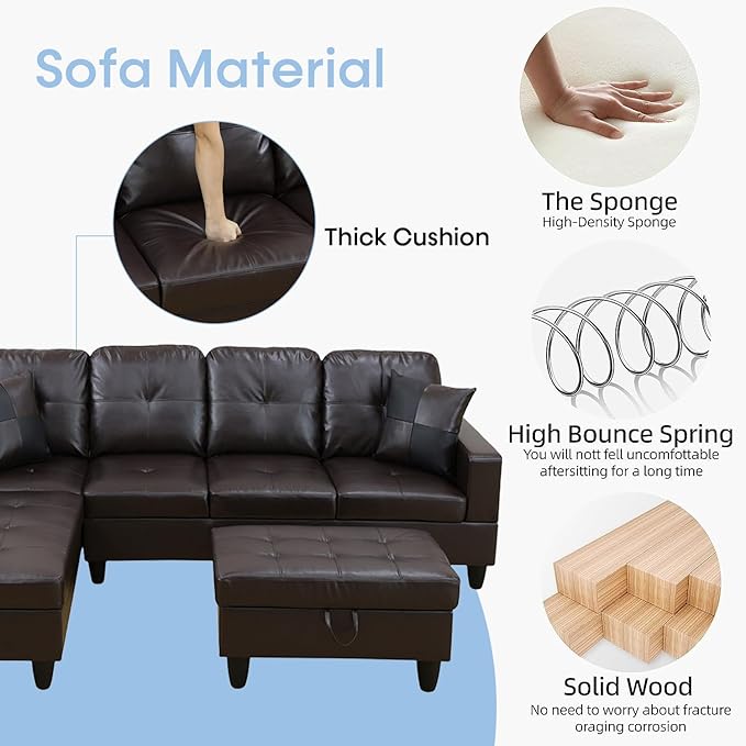 Sectional Couch for Living Room Furniture SetsBrown Leather Sectional Sofa L Shape Couch with Chaise and Storage Ottoman for Living Room/Apartment/Office（Facing Left Chaise）