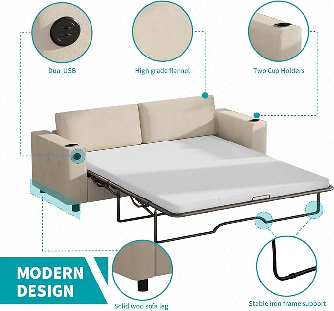 BALUS 2-in-1 Queen Size Pull Out Sofa Bed Velvet Convertible Sleeper Sofa Couch with Memory Foam Mattress Modern Pull Out Couch with 2 Cup Holders and USB Charging Ports for Living Room Beige
