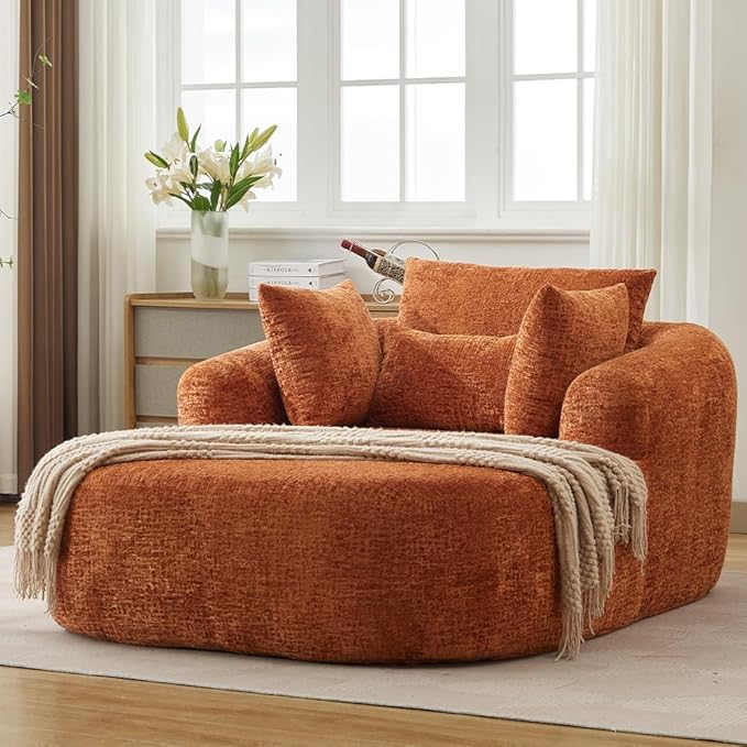 65.7 Oversized Chaise Longue Chair Indoor Modern Upholstered Corduroy Deep Seat Sofa Bed with Throw Pillows and Armrests Sleeper Sofa Couch for Living Room (Orange)